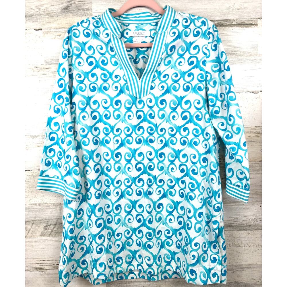 Foxcroft 10 Blue White Cotton Cover Up Coastal Beach Swim Summer